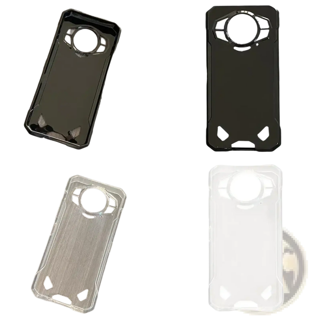 Black and transparent doogee s200 5g rugged phone cases with angular design and circular camera cutout shown from back side