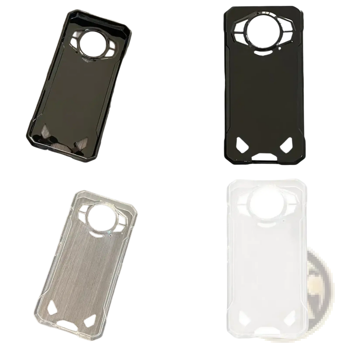 Black and transparent doogee s200 5g rugged phone cases with angular design and circular camera cutout shown from back side