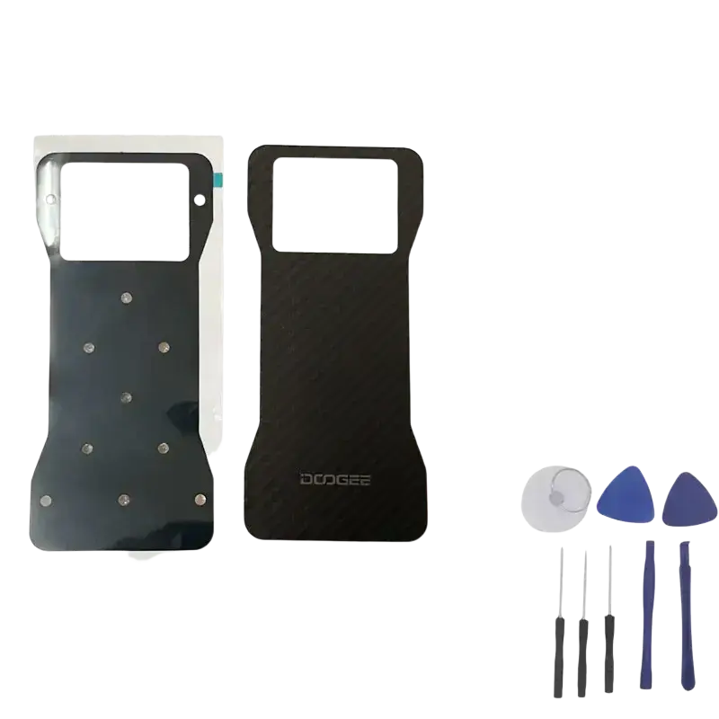 Black carbon fiber back panel of doogee v20 battery cover shown with adhesive side for v20 battery replacement