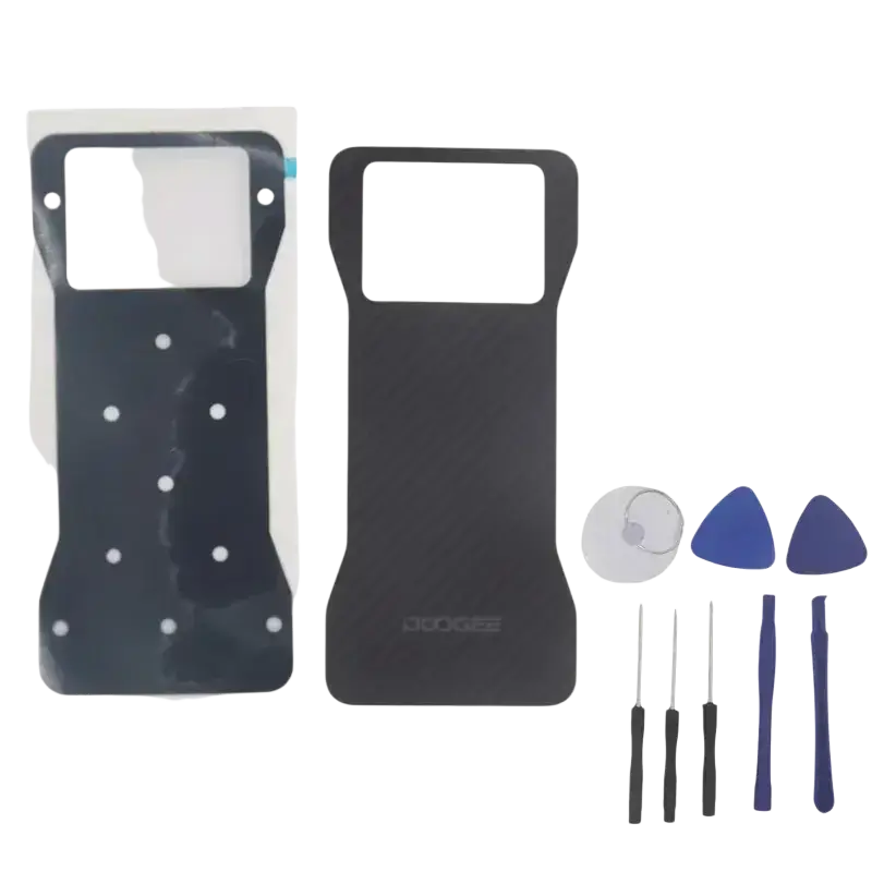 Black carbon fiber textured back panel and adhesive front cover for doogee v20 battery cover with precision tools