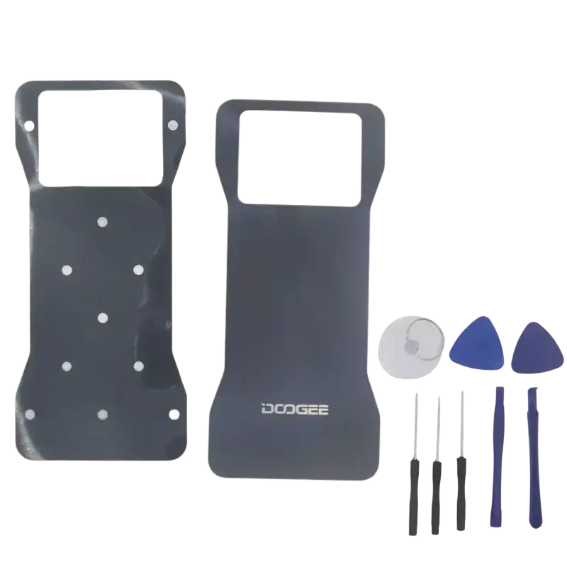 Dark gray plastic doogee v20 replacement battery cover with adhesive includes clear protective film and precision tools
