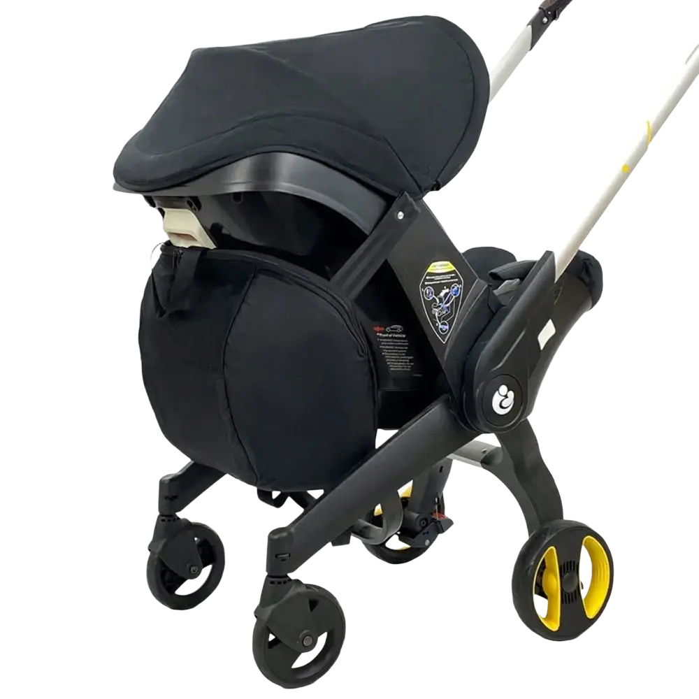 Doona stroller storage bag knapsack with black convertible stroller featuring yellow accent wheels and sleek modern design