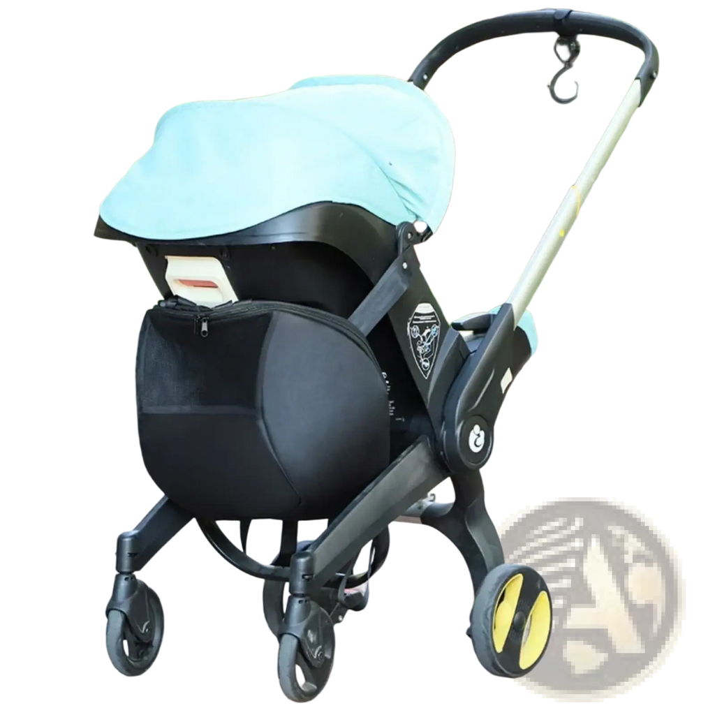 Doona stroller storage bag convertible travel knapsack in black and light blue with yellow accent wheels and sleek design