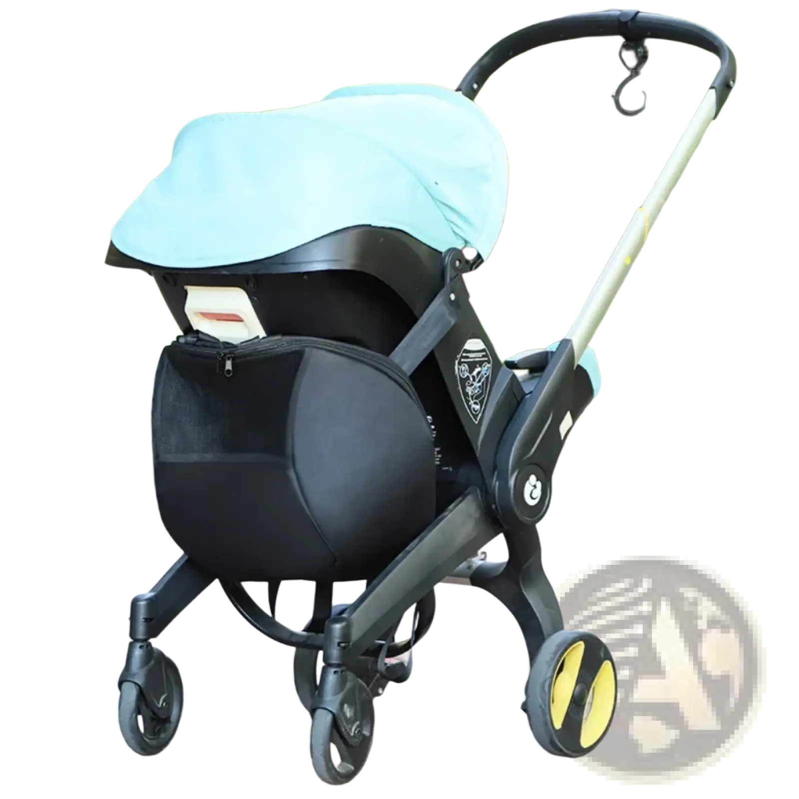 Doona stroller storage bag convertible travel knapsack in black and light blue with yellow accent wheels and sleek design