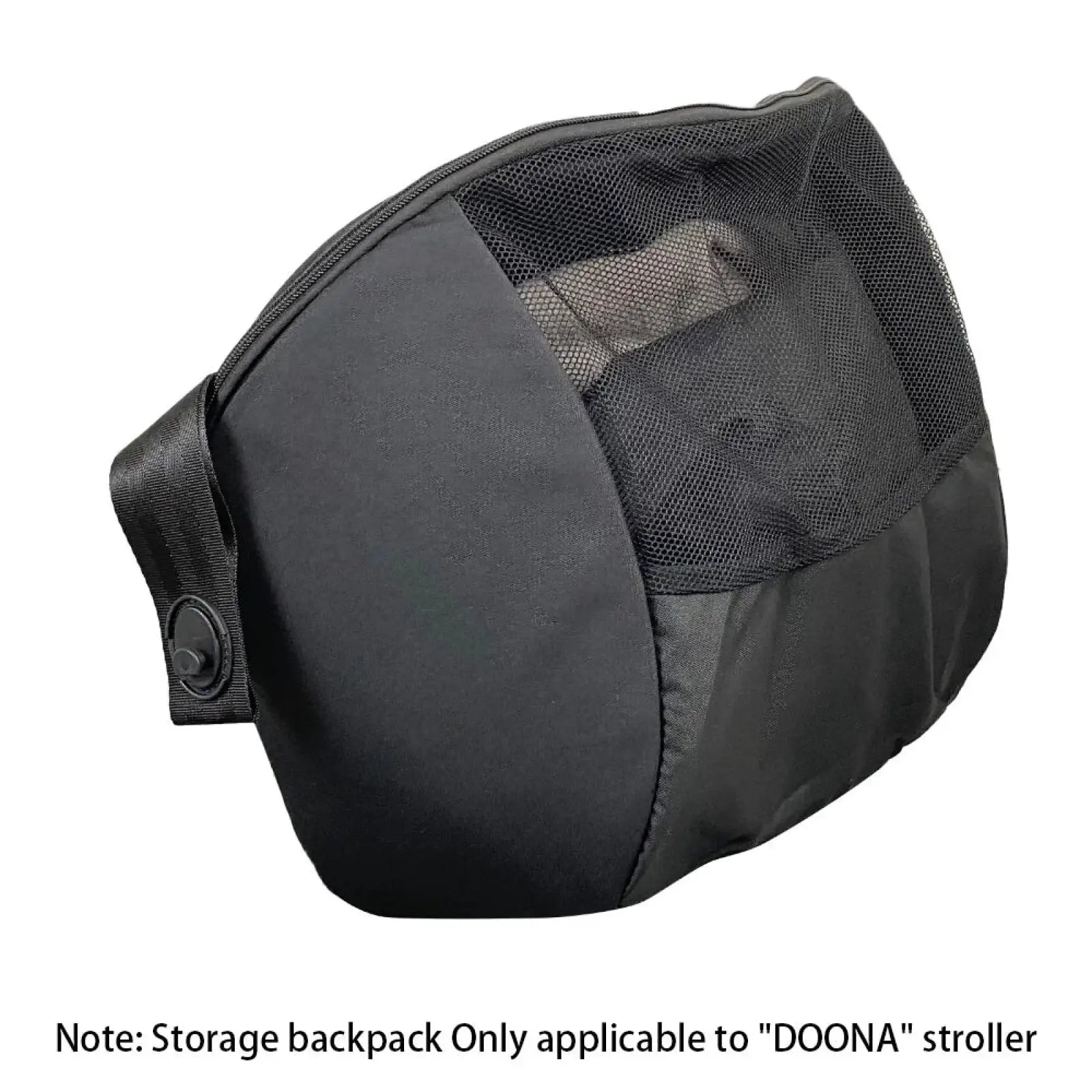Doona stroller storage bag convertible travel knapsack in black mesh and fabric with zipper closure shown from back side