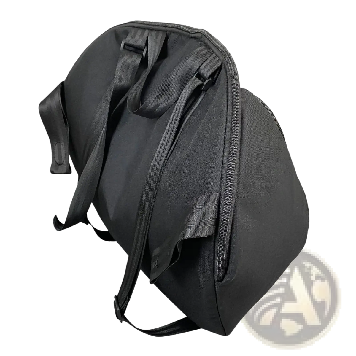 Black nylon doona stroller storage bag with adjustable shoulder straps and front zipper pocket for travel knapsack use