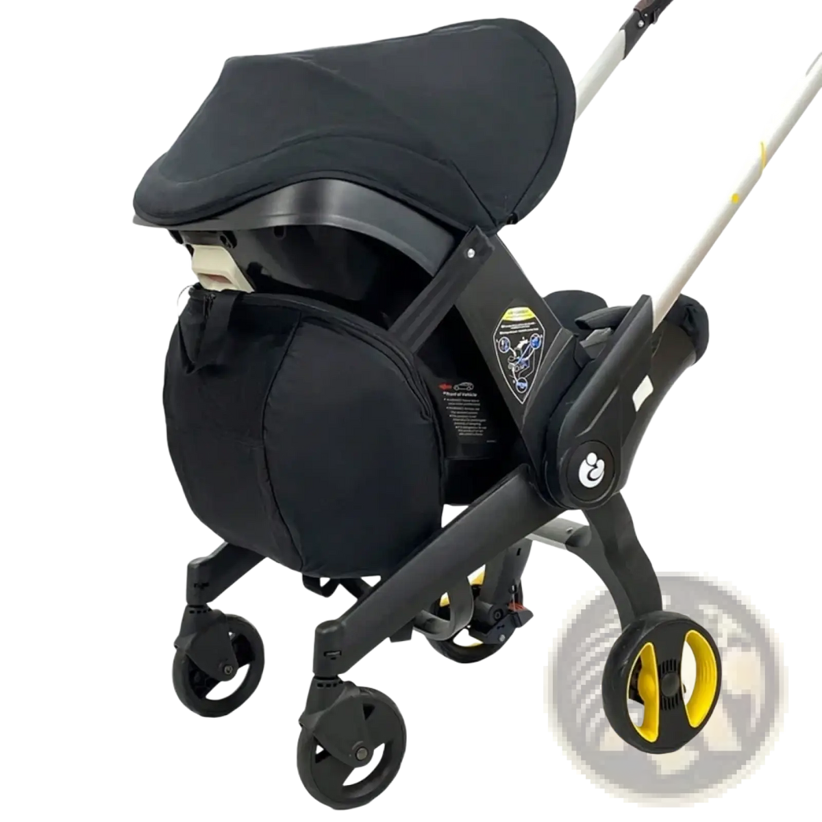 Doona stroller storage bag knapsack with black convertible stroller featuring yellow accent wheels and sleek modern design