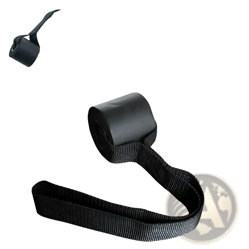 Black fabric door anchor strap with reinforced handle and textured weave for resistance bands workout equipment