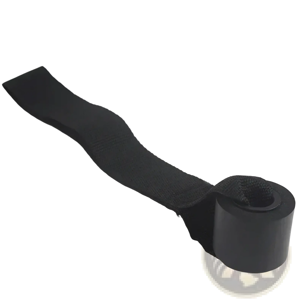 Black fabric strap door anchor with cylindrical plastic end piece for resistance bands workout equipment