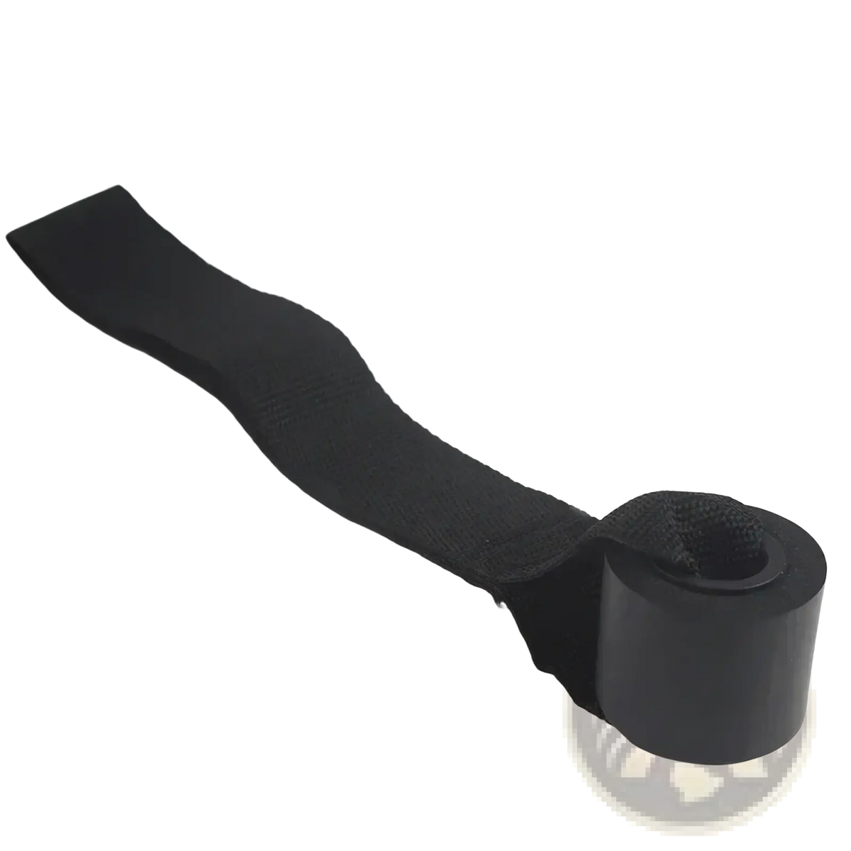 Black fabric strap door anchor with cylindrical plastic end piece for resistance bands workout equipment