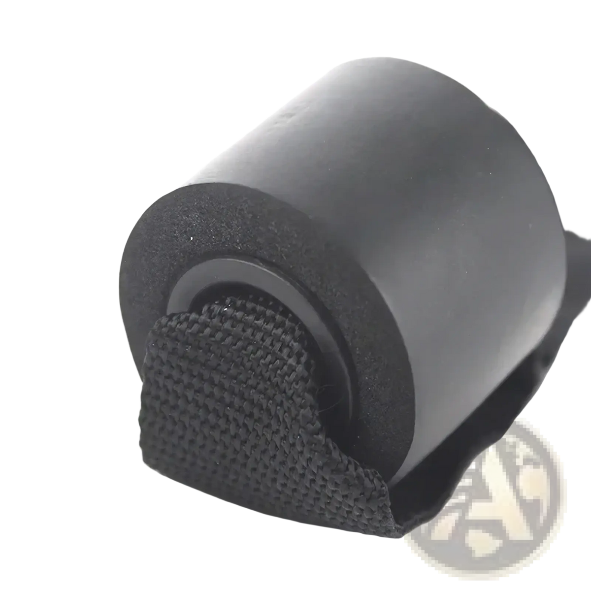 Black foam roller door anchor with textured fabric strap for resistance bands workout equipment