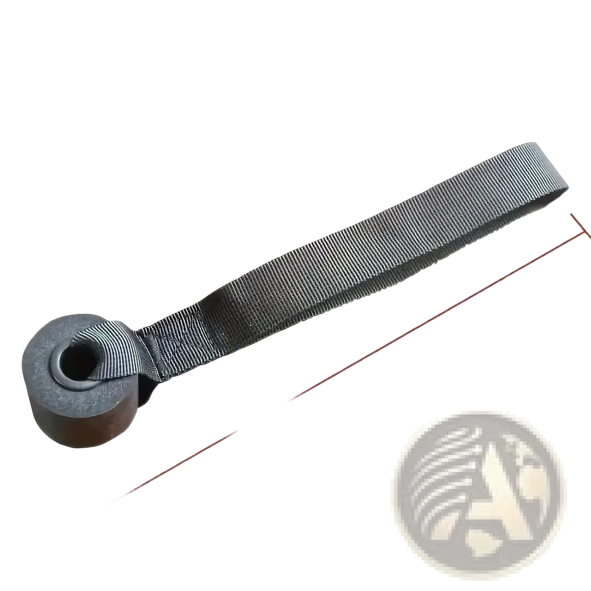 Gray woven door anchor strap with a black plastic loop for resistance bands workout equipment measuring 20cm