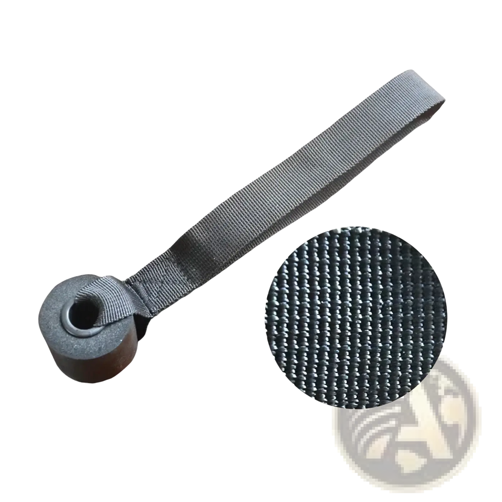 Door anchor for resistance bands with a gray woven strap and rounded wooden handle for workout equipment