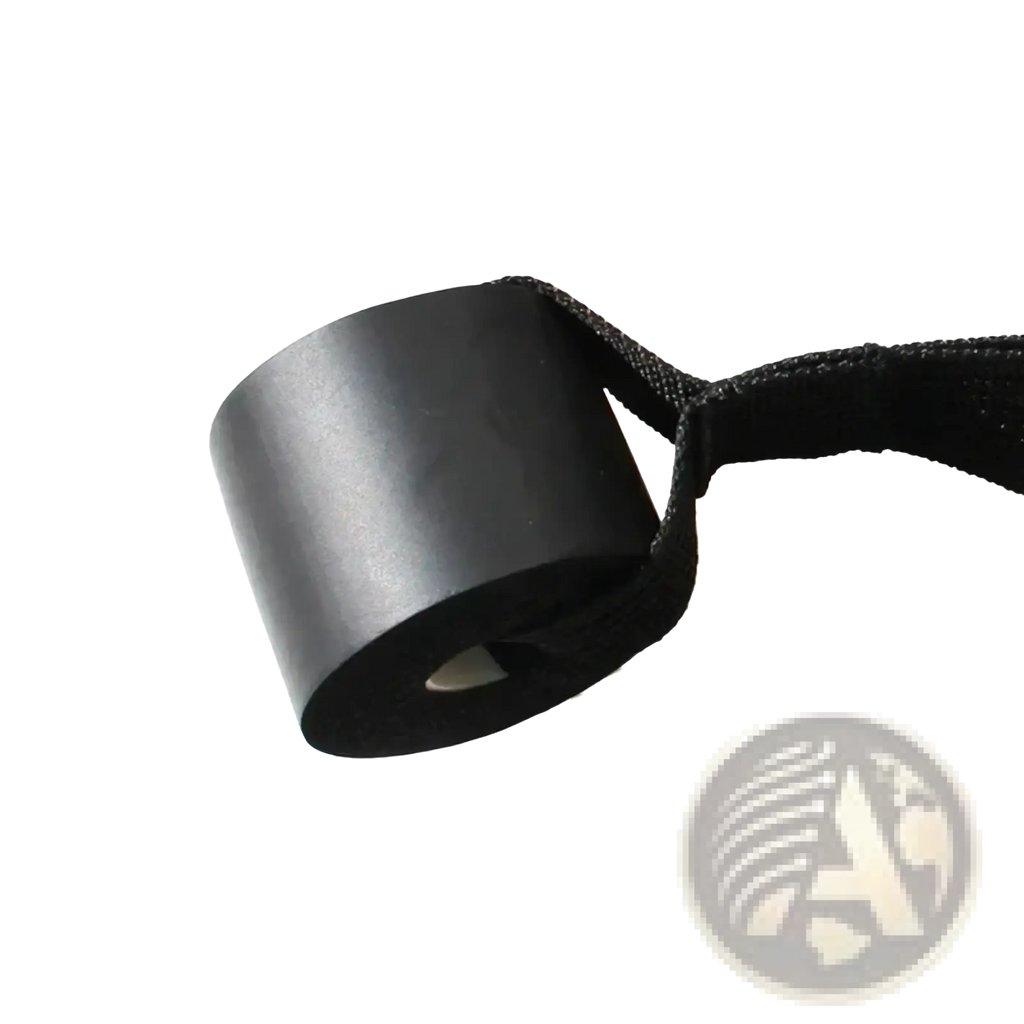 Black rubber door anchor for resistance bands with a textured fabric loop for workout equipment use