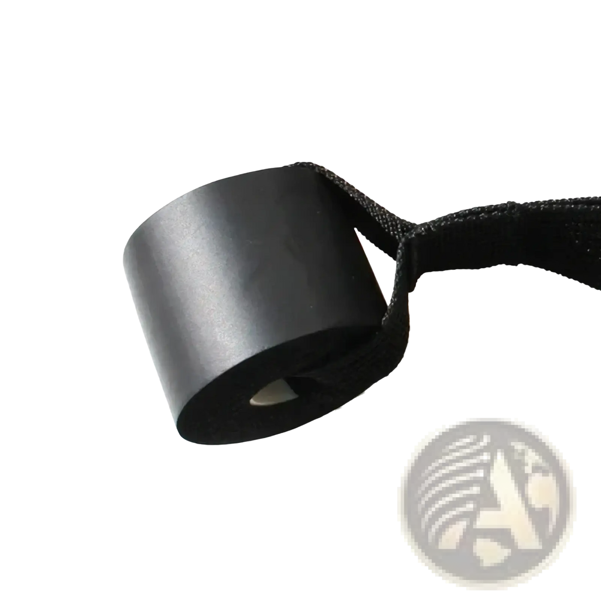 Black rubber door anchor for resistance bands with a textured fabric loop for workout equipment use
