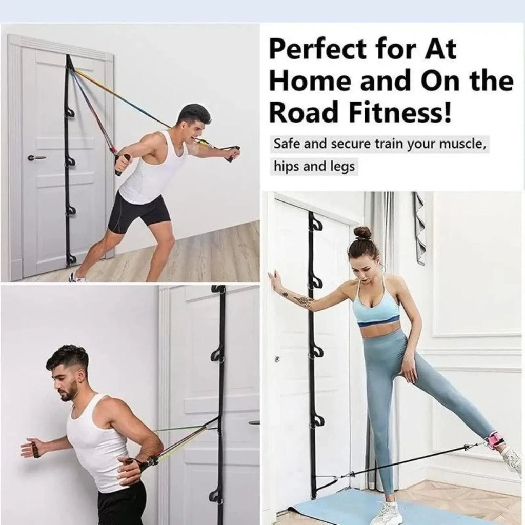 Black door anchor strap for resistance bands with adjustable hooks and colorful elastic bands for home or travel fitness