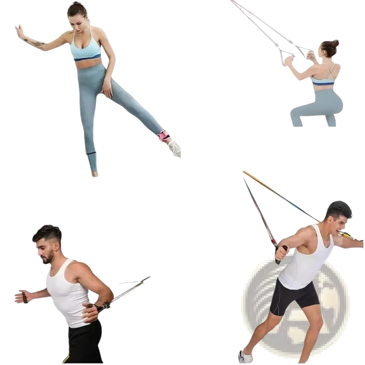 Black door-mounted resistance band trainer with multiple colored adjustable hooks for secure exercise attachment