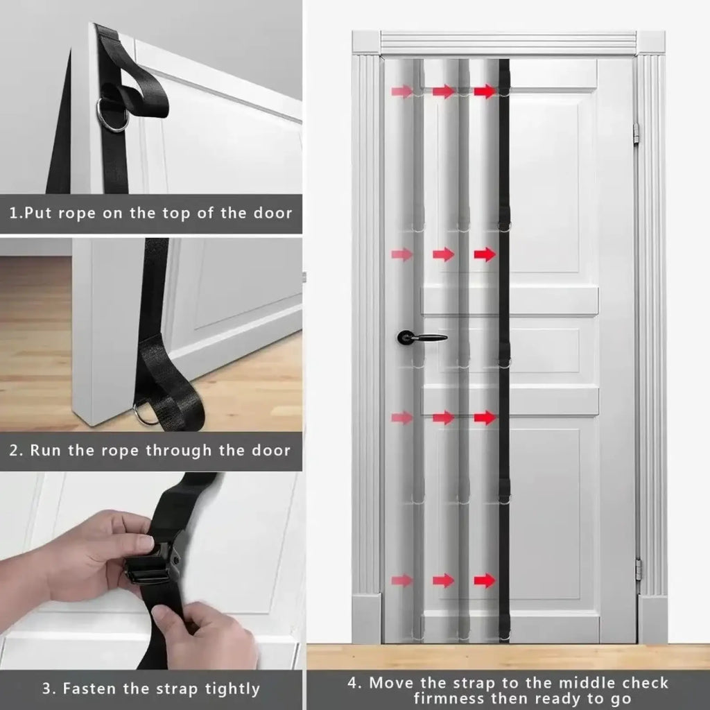 Black door-mounted rope tensioner with adjustable strap and buckle for door anchor strap resistance bands