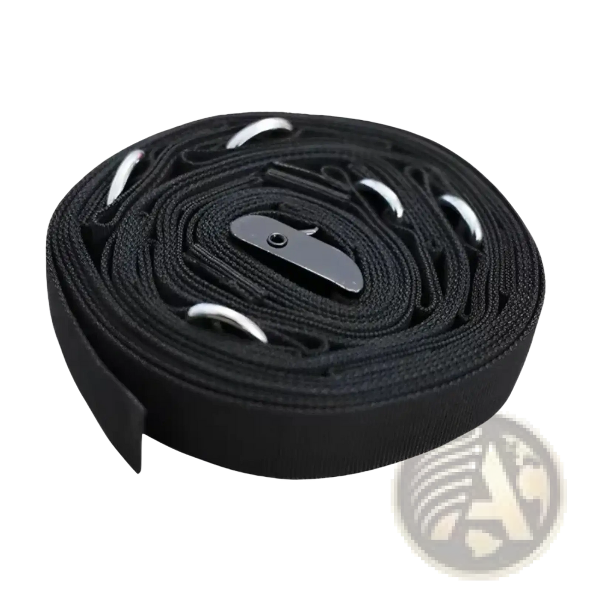 Black nylon door anchor strap with silver metal d-rings and black plastic buckle for resistance bands use