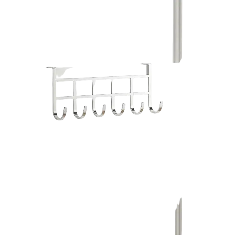 Silver metal door hook rack with five evenly spaced hooks for over the door organization
