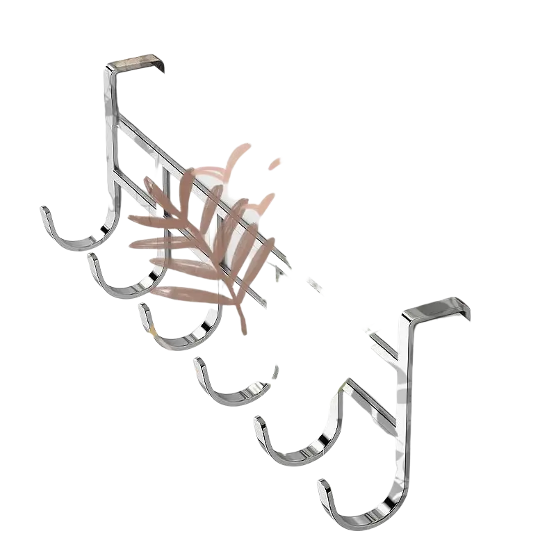 Silver metallic over the door hook set with six evenly spaced hooks and a modern design for door organization