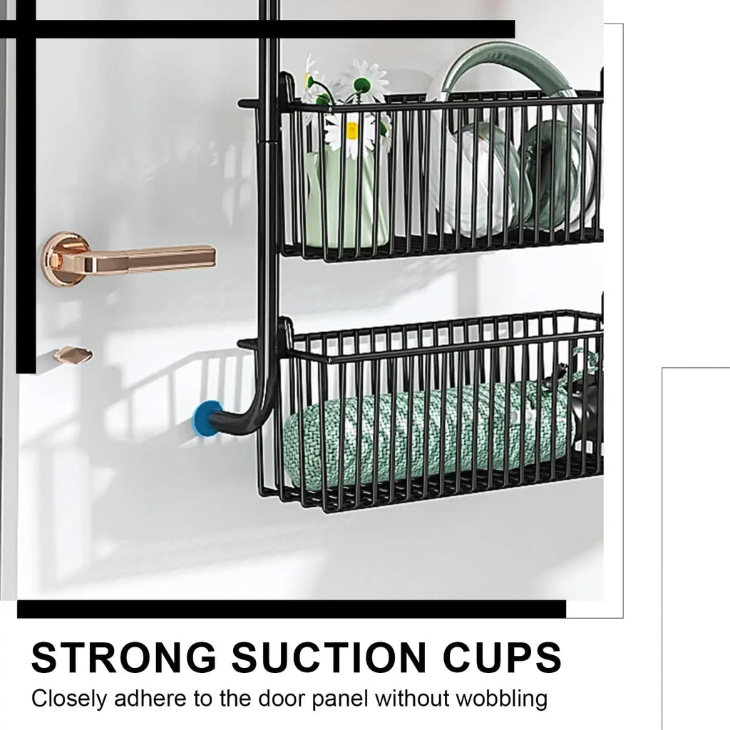 Black metal wire door organizer metal with two tiers holding headphones and green sponge for door hanging storage
