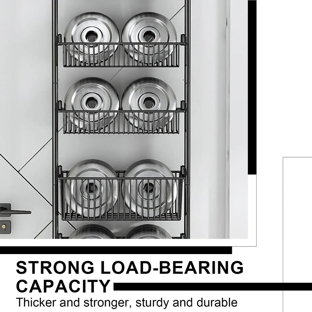 Black metal door organizer metal wire rack with three tiers holding silver containers for door hanging storage