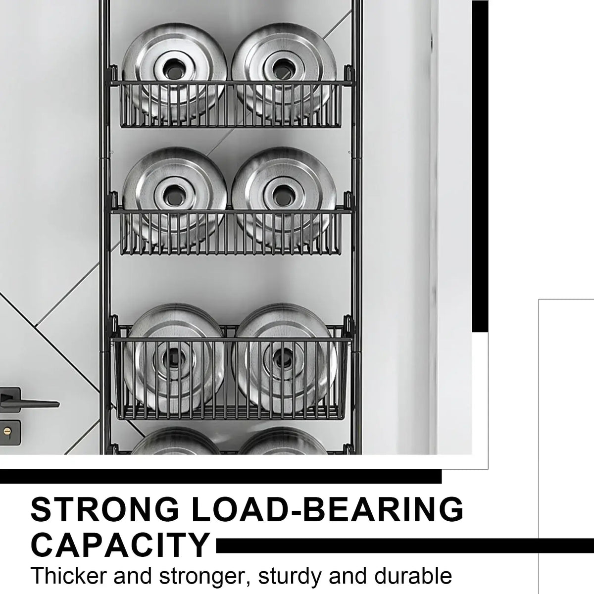Black metal door organizer metal wire rack with three tiers holding silver containers for door hanging storage