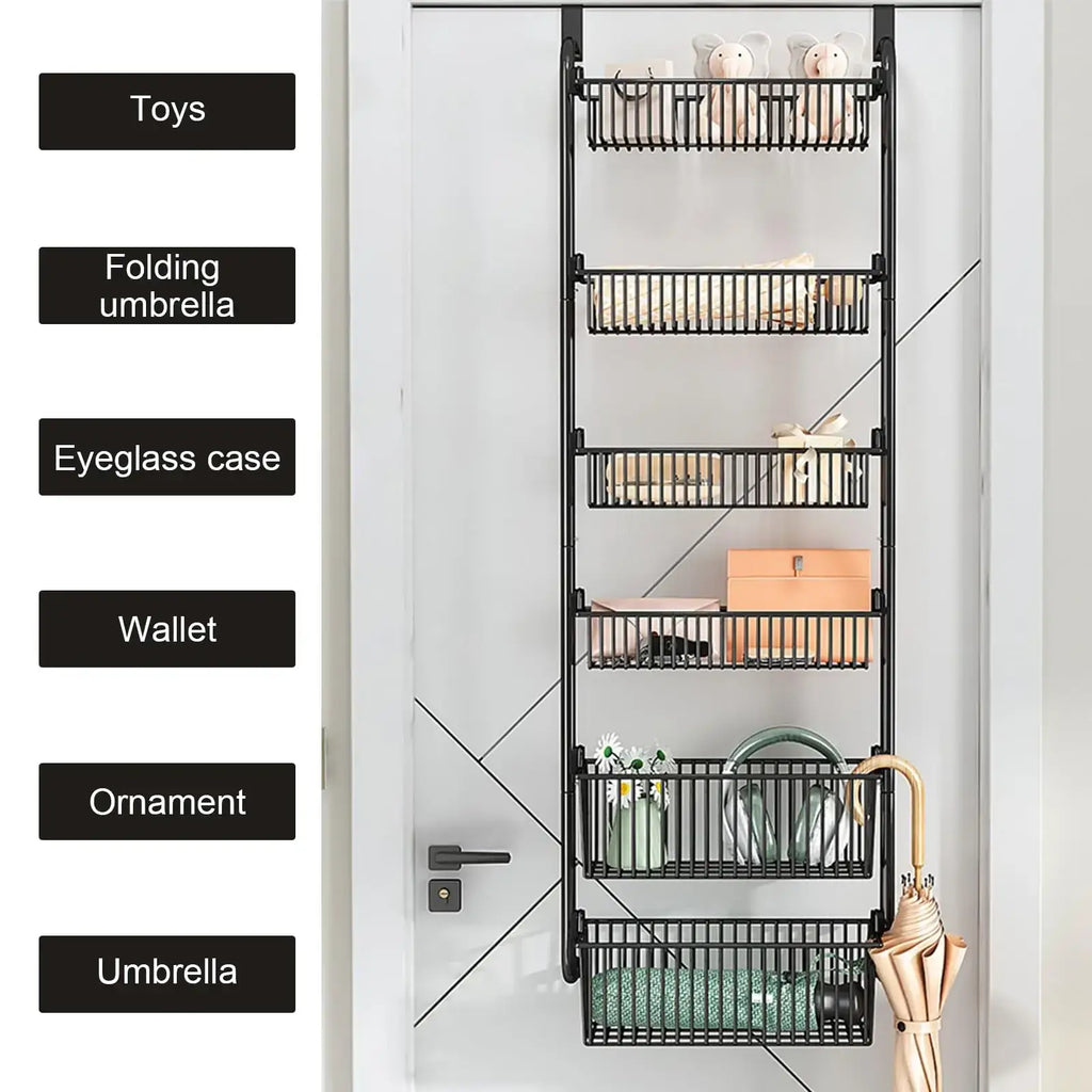 Black metal door organizer metal with five wire baskets for door hanging storage and hanging storage toys organization