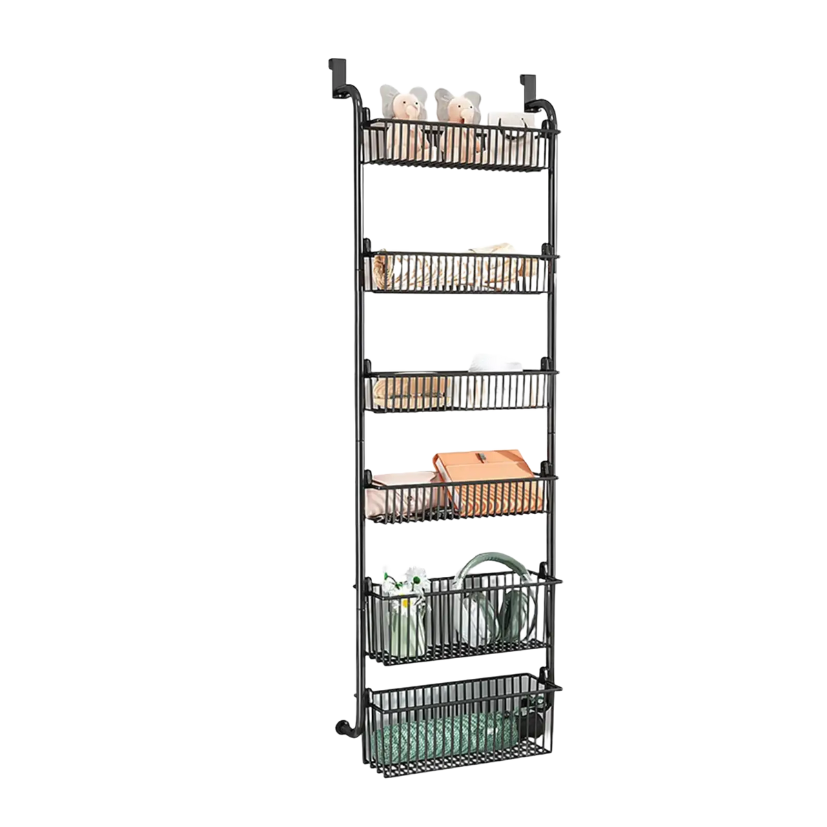 Black metal door organizer metal with five wire mesh shelves for door hanging storage and hanging storage toys