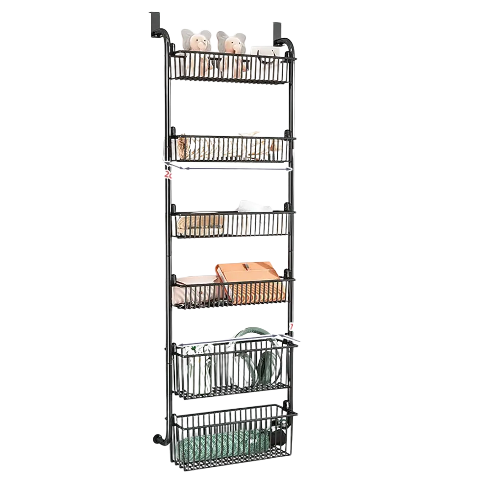 Black metal door organizer metal wire rack with five mesh shelves for door hanging storage and hanging storage toys