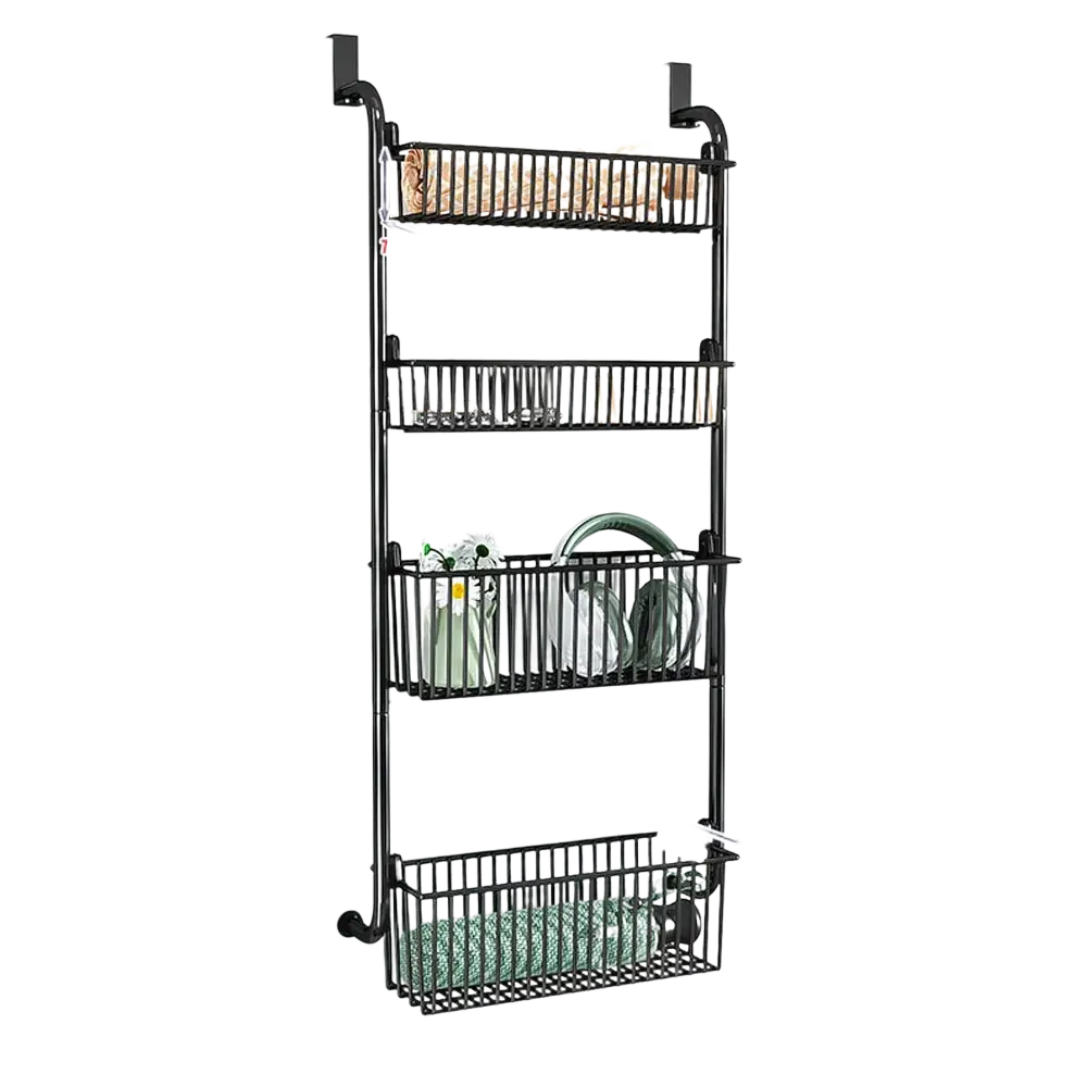 Black metal door organizer metal with four tiered wire baskets for door hanging storage and hanging storage toys