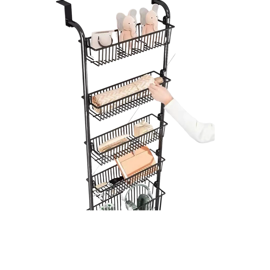 Black metal door organizer metal with four wire mesh tiers for door hanging storage and hanging storage toys