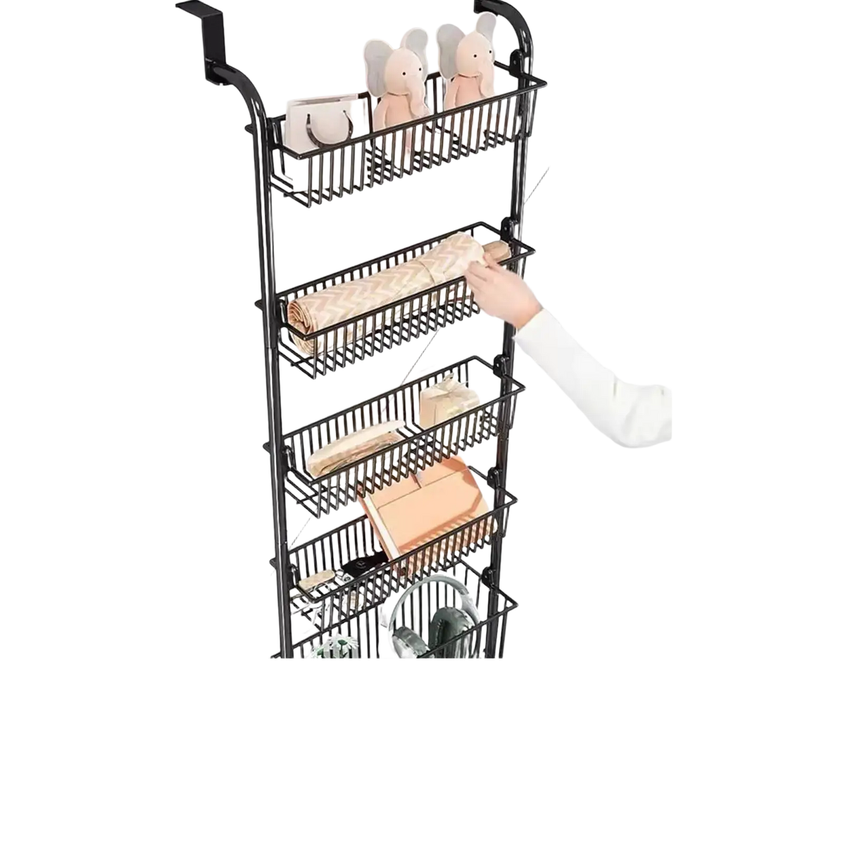 Black metal door organizer metal with four wire mesh tiers for door hanging storage and hanging storage toys