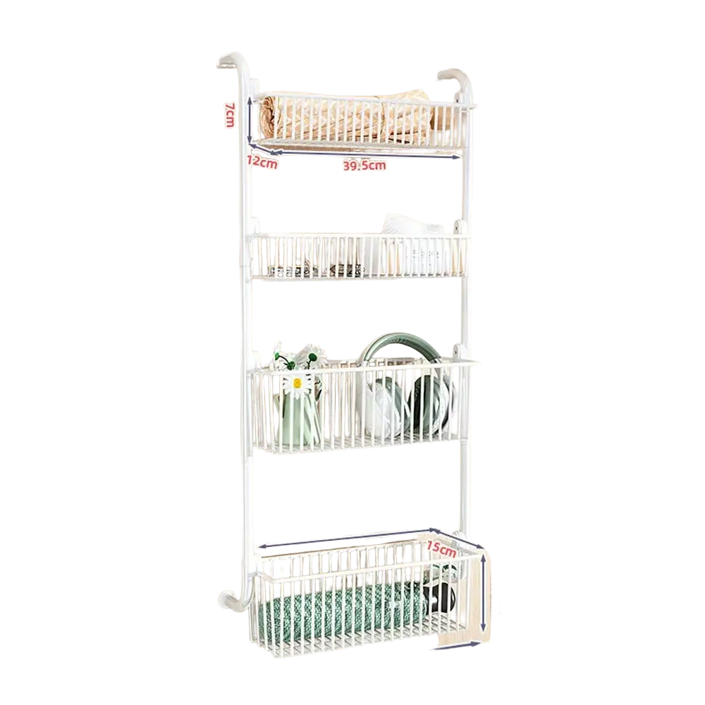 White metal door organizer metal rack with four wire mesh baskets for door hanging storage and hanging storage toys