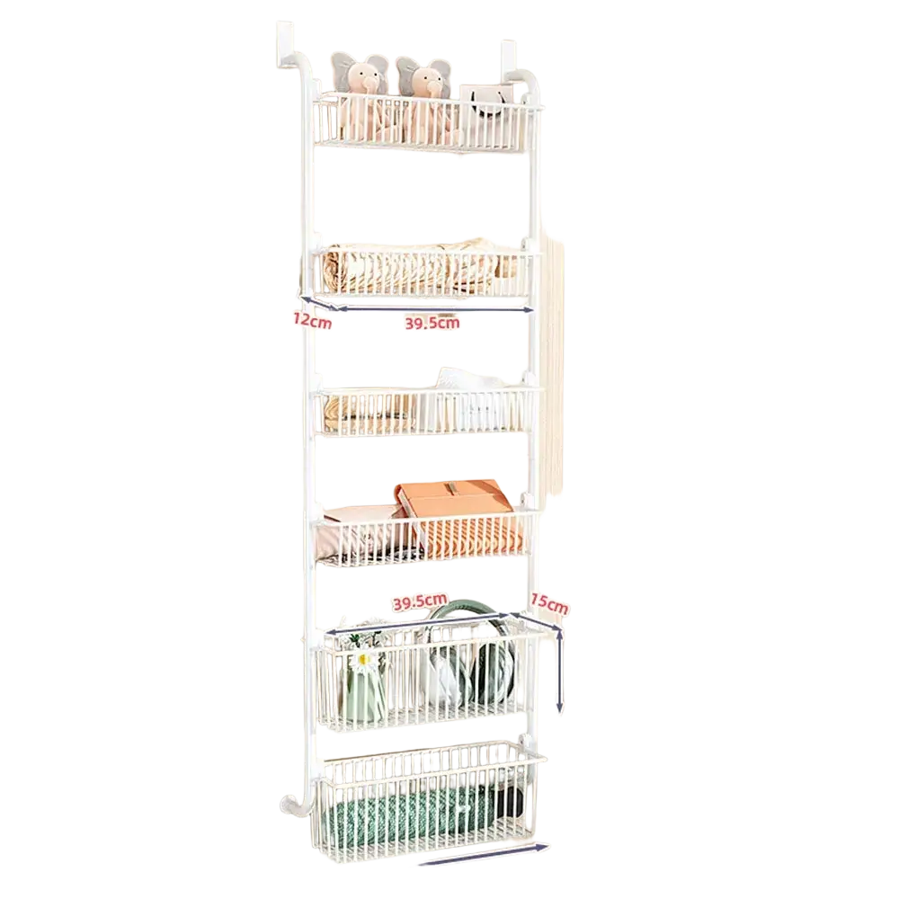 White metal door organizer with five tiered wire baskets for door hanging storage and hanging storage toys