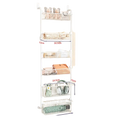 White metal door organizer with five tiered wire baskets for door hanging storage and hanging storage toys