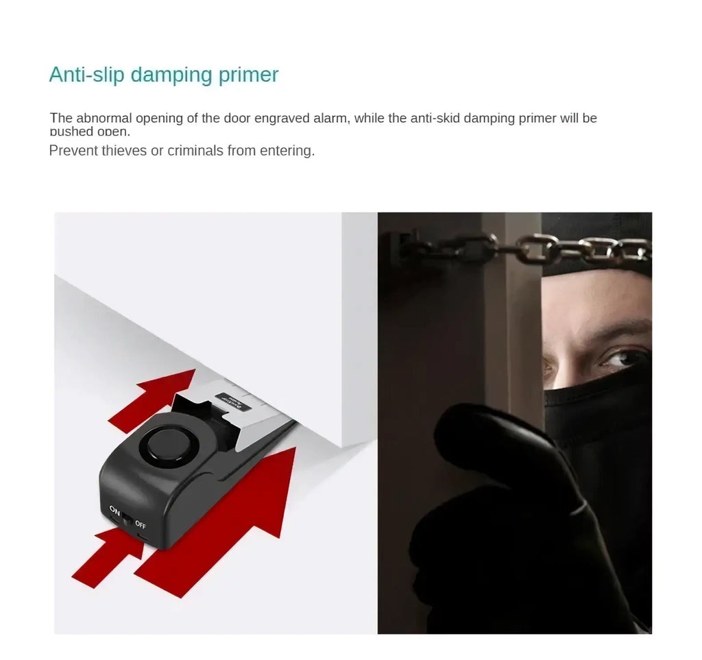 Black plastic door stop burglar alarm with anti-slip damping primer for enhanced security wedge use