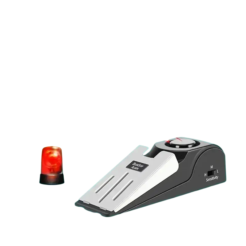 Black and silver door stop with integrated alarm door system and red flashing light for home security wedge