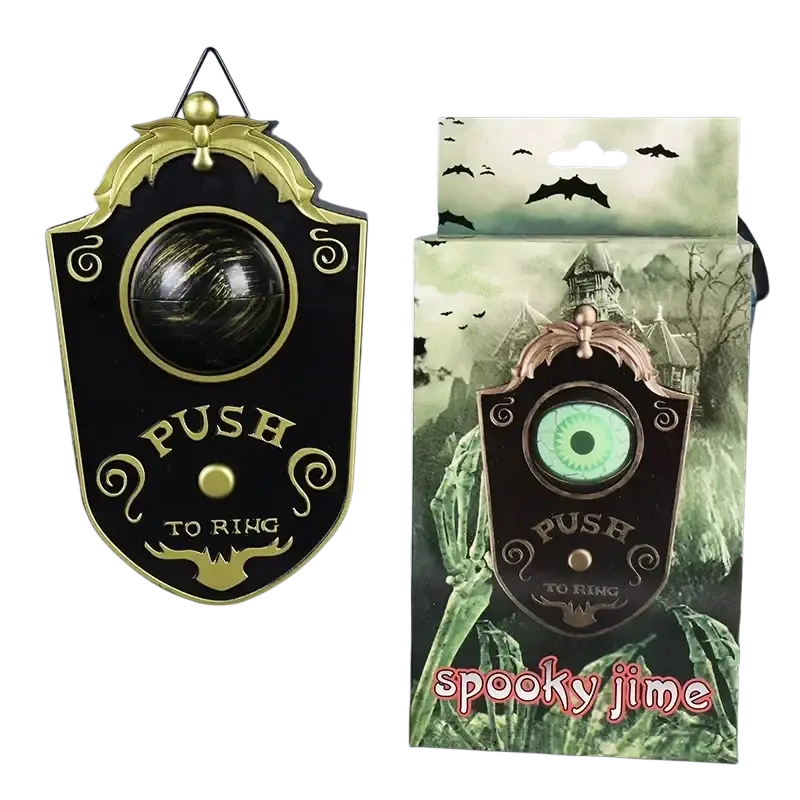 Black and gold doorbell haunted push-to-ring bell with glowing green eyeball design horror prop from mainland china