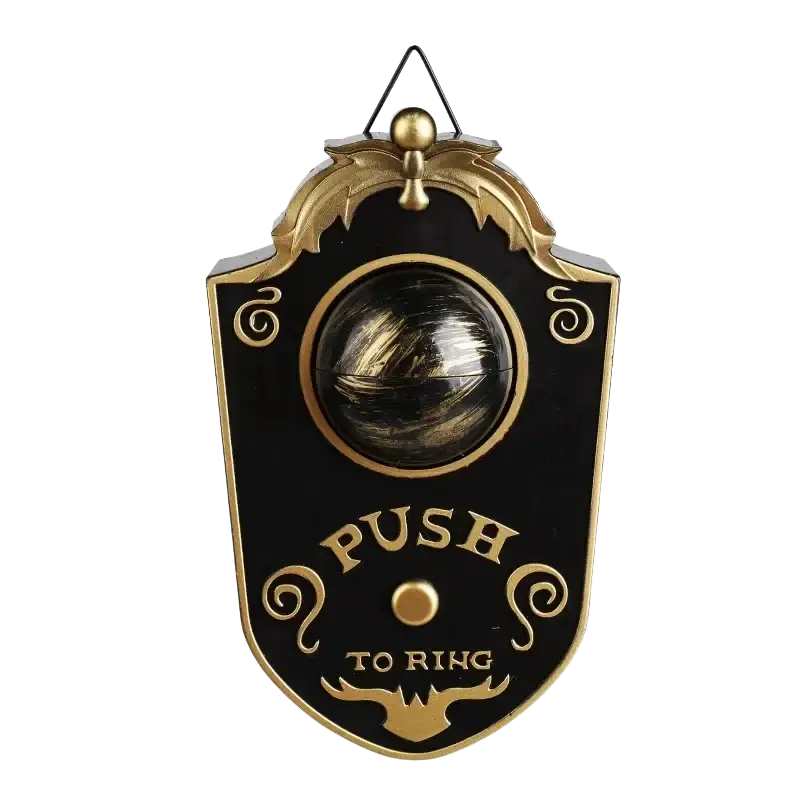 Black and gold ornate doorbell haunted horror prop with glossy spherical button made in mainland china