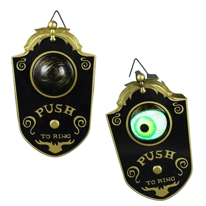 Black and gold ornate wall-mounted doorbell haunted with glowing green eyeball design horror props from mainland china