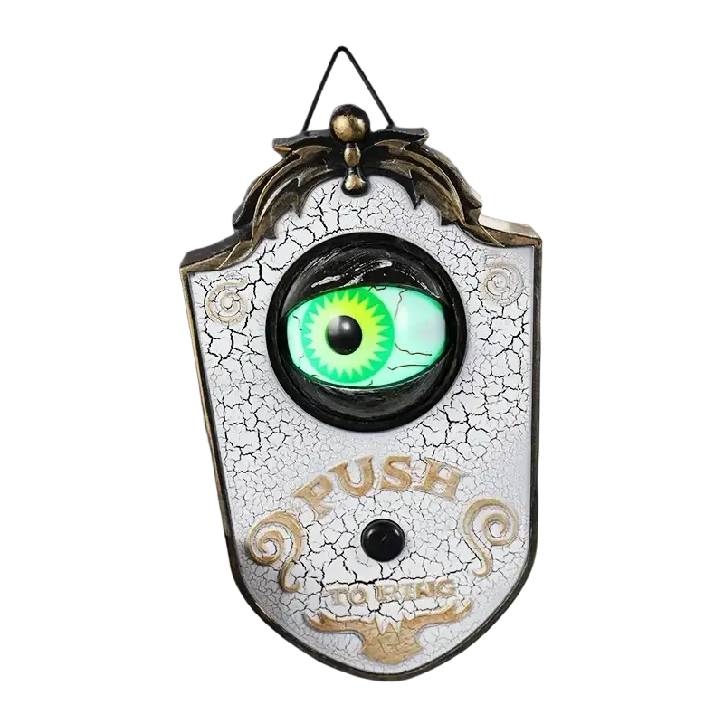 Doorbell haunted glowing eyeball horror prop from mainland china features a white cracked shield with a glowing green eye