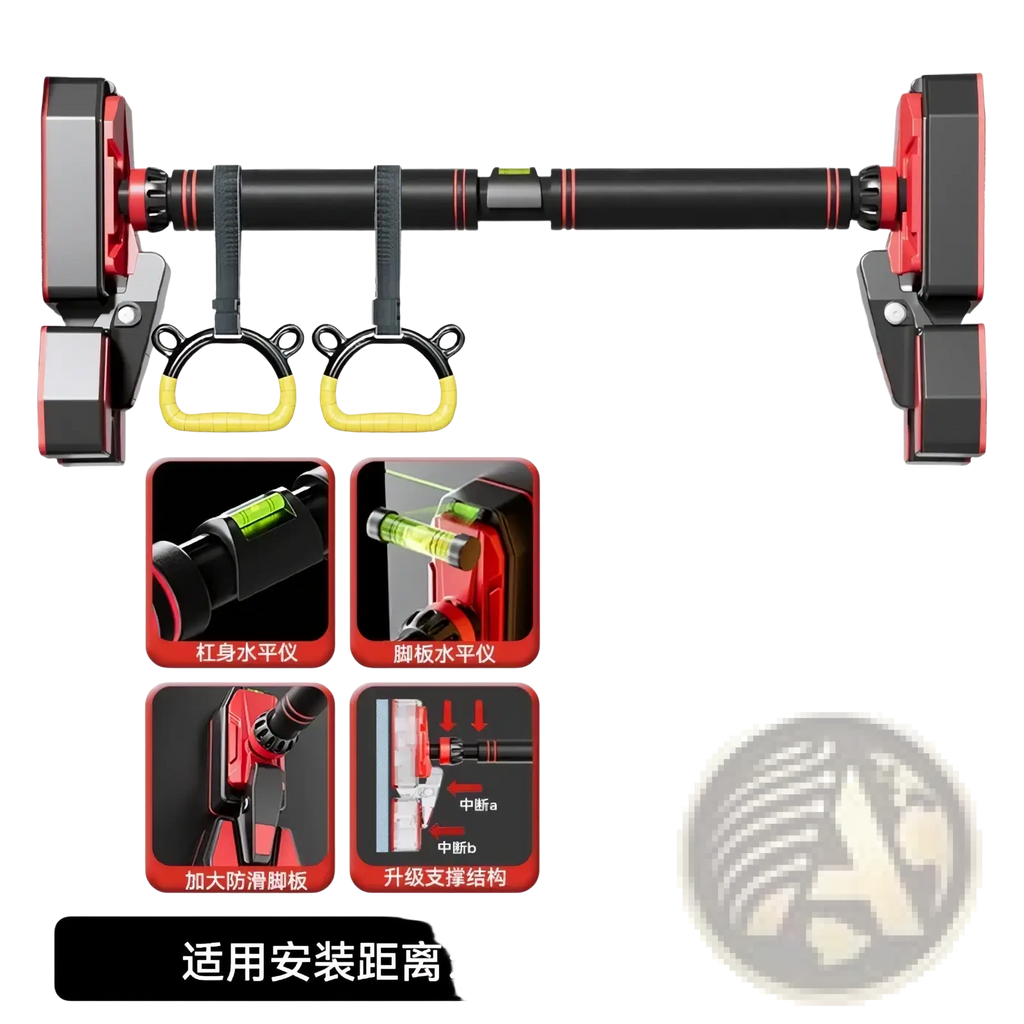 Red and black adjustable doorway pull up bar with yellow gymnastic rings for versatile home fitness workouts