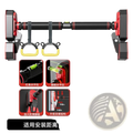 Red and black adjustable doorway pull up bar with yellow gymnastic rings for versatile home fitness workouts