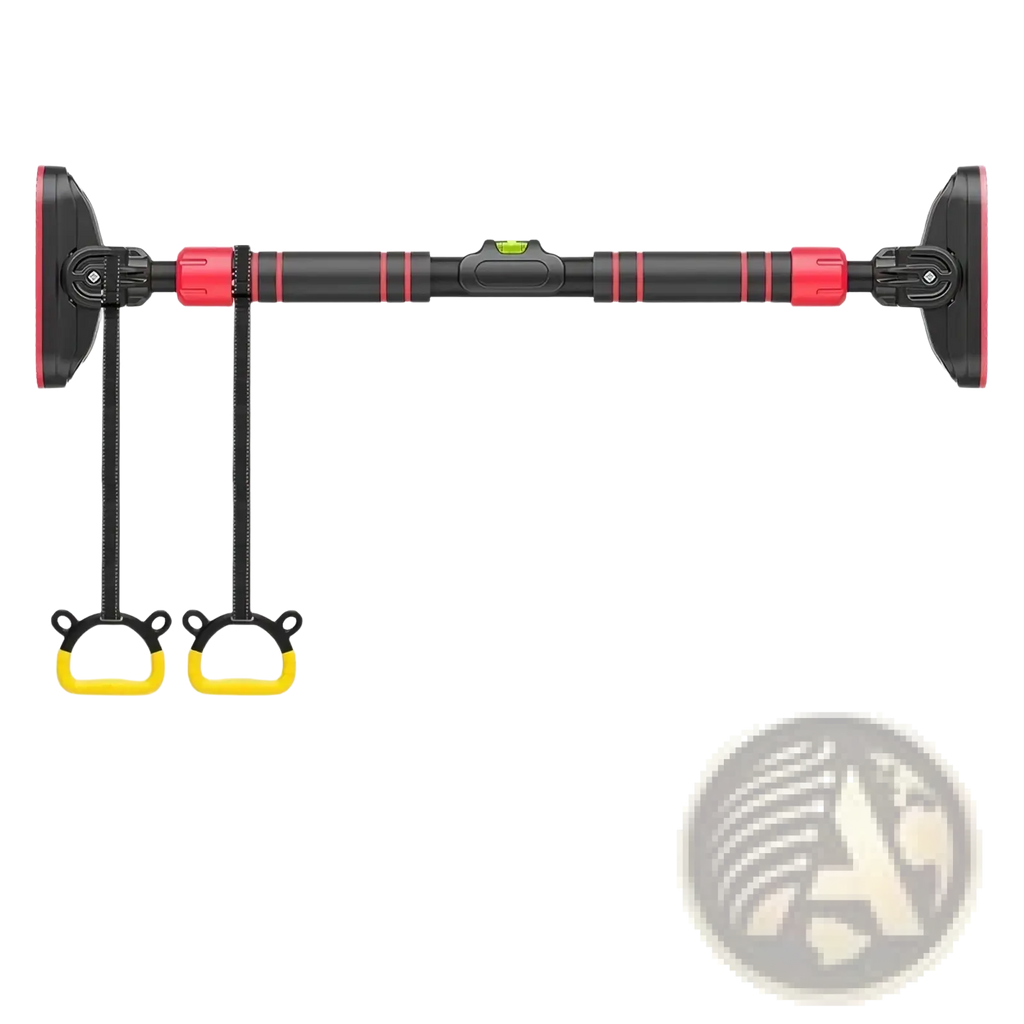 Black and red adjustable wall-mounted pull-up bar with yellow hand grips for home fitness workouts