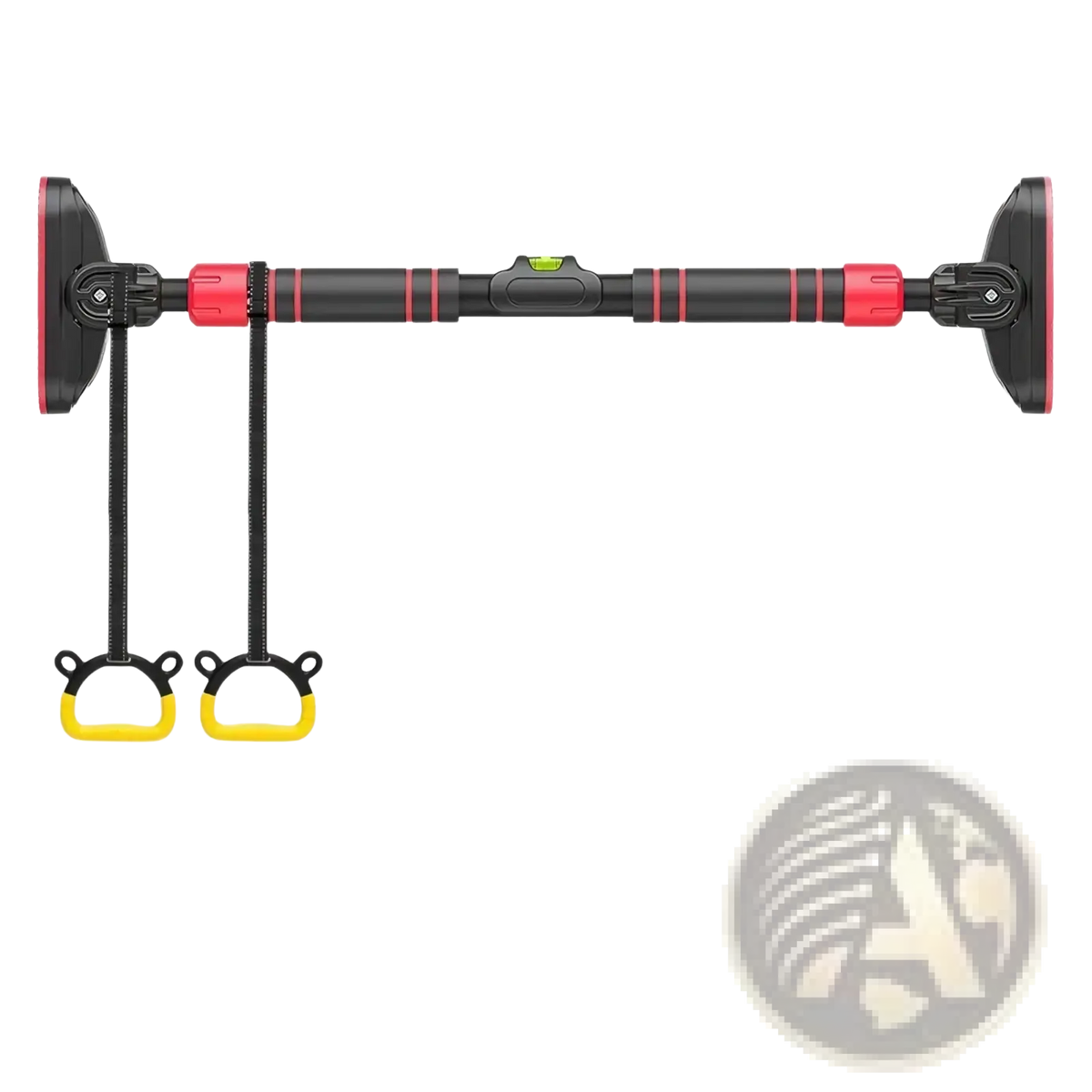 Black and red adjustable wall-mounted pull-up bar with yellow hand grips for home fitness workouts