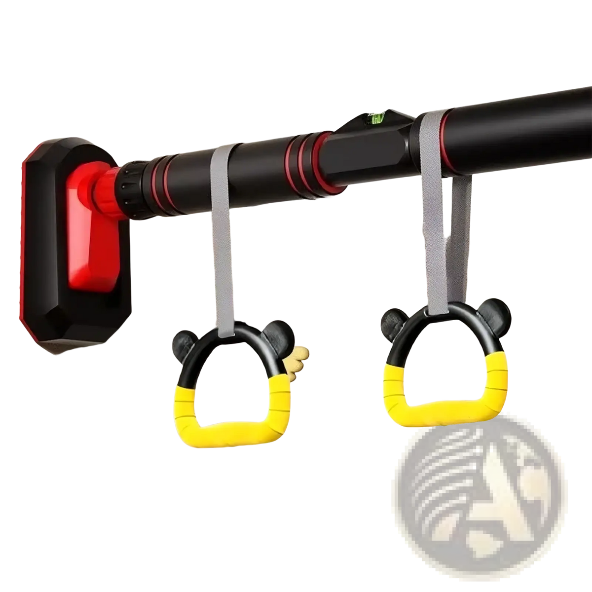 Black and yellow cartoon-themed gymnastics rings with soft grips hanging from a doorway pull up bar for home fitness