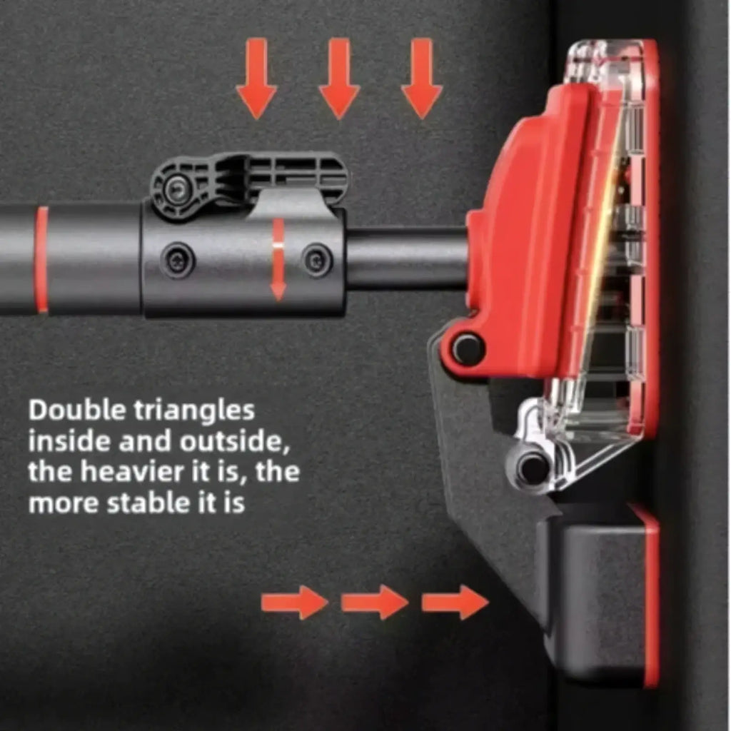 Red and black adjustable tripod head with transparent side panels shown from the back for doorway pull up bar setup