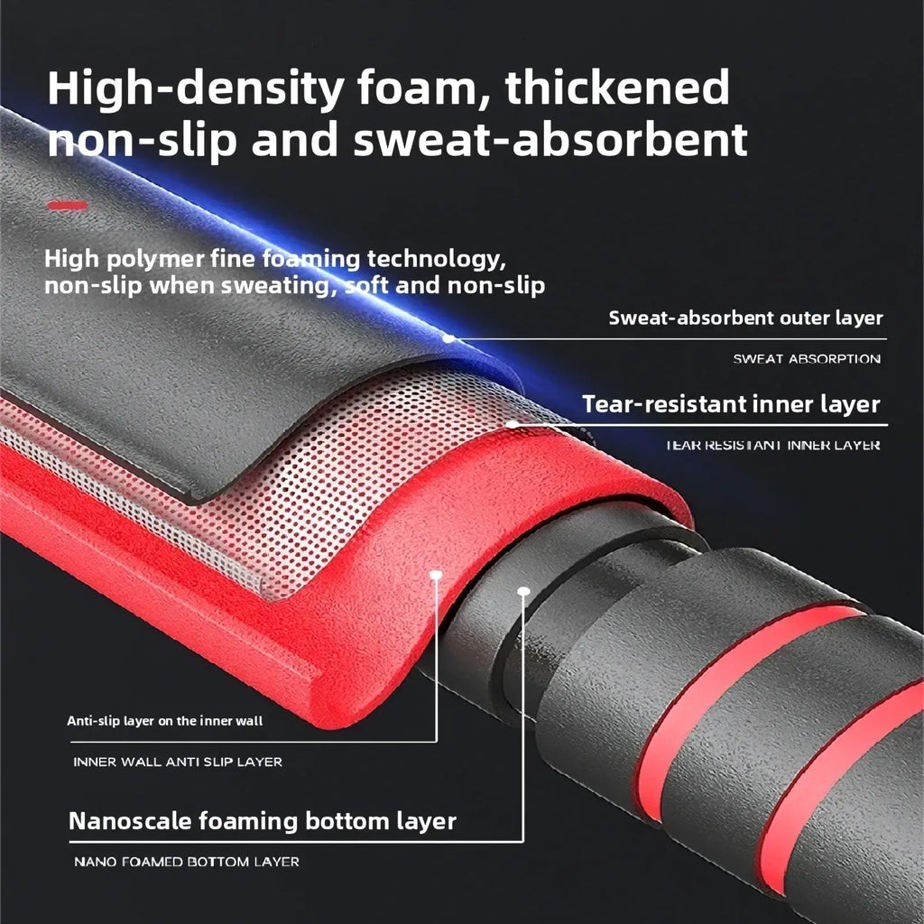 Doorway pull up bar with red and black high-density foam grip featuring textured sweat-absorbent and tear-resistant layers